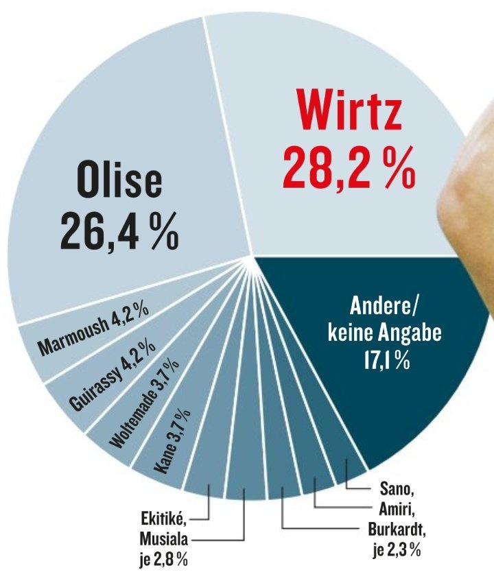 《踢球者》票選德甲賽季最佳球員：維爾茨28.2%，奧利塞第二