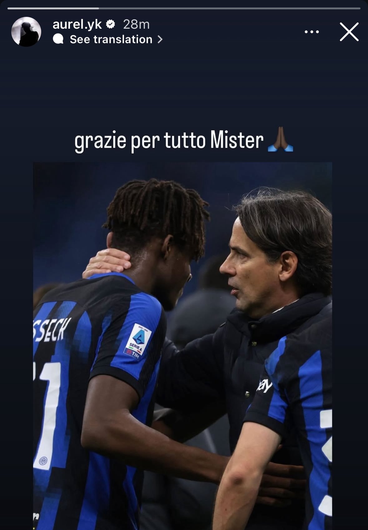 比塞克社媒告別小因扎吉：感謝你所做的一切，教練