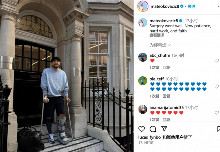 科瓦西奇社媒曬照?qǐng)?bào)平安，順利接受跟腱手術(shù)預(yù)計(jì)將傷缺3個(gè)月