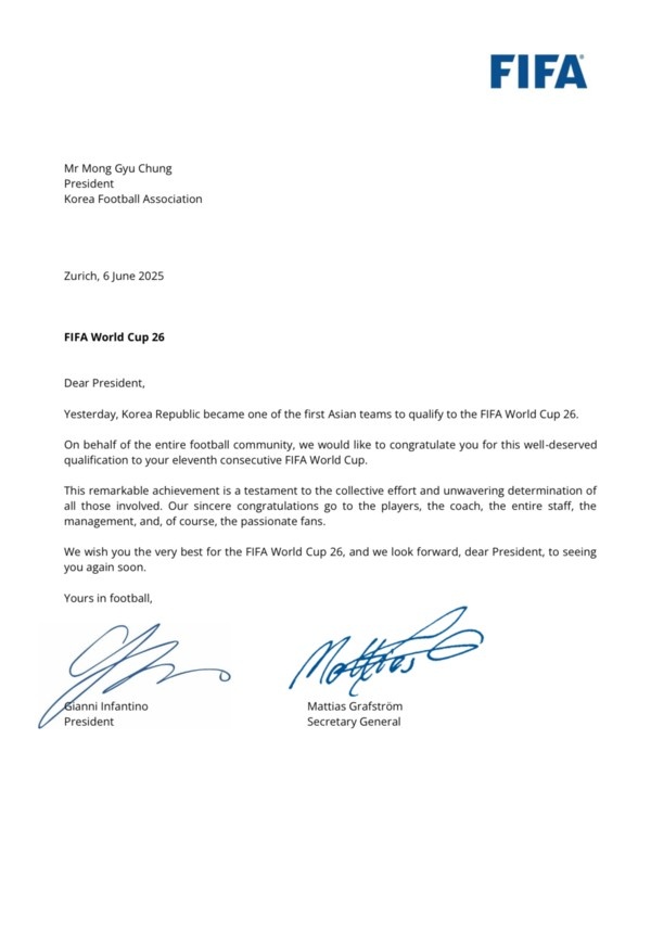 FIFA祝賀韓國(guó)連續(xù)第11屆晉級(jí)世界杯：實(shí)至名歸，了不起的成就