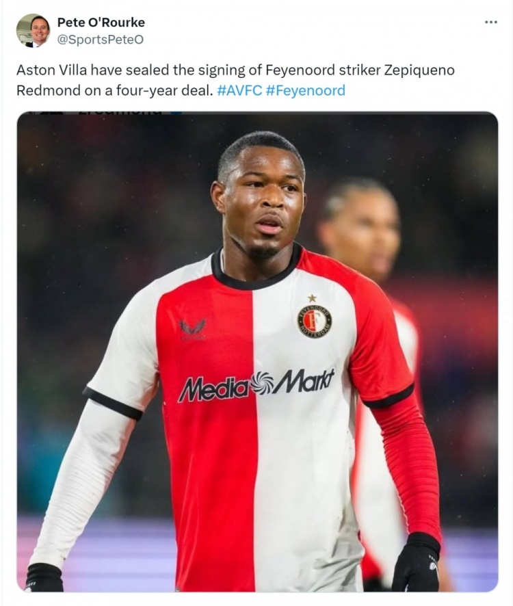 記者：維拉簽下費(fèi)耶諾德18歲前鋒雷德蒙德，合同期限為4年