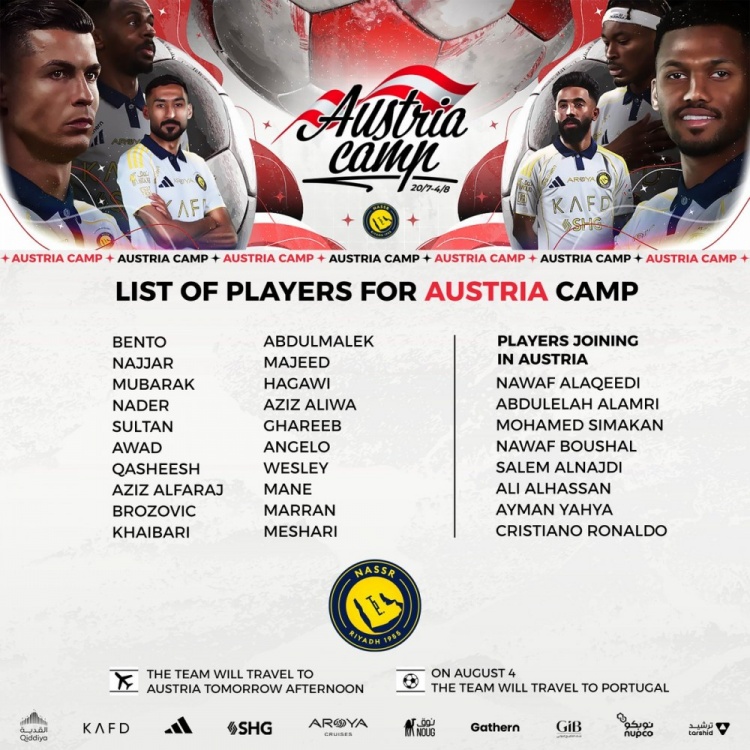 利雅得勝利將到奧地利進(jìn)行新賽季的備戰(zhàn)，C羅會(huì)在當(dāng)?shù)睾颓蜿?duì)會(huì)合