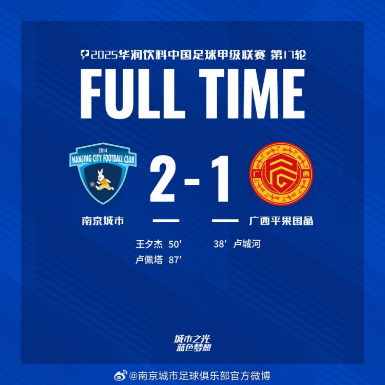 全場比賽結(jié)束，南京城市2-1廣西平果！