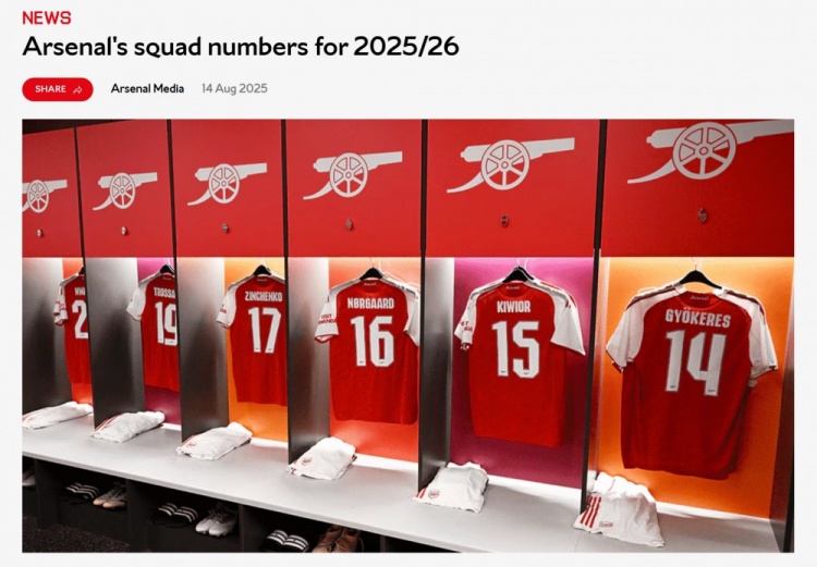 阿森納球員新賽季號(hào)碼：約克雷斯14號(hào) 祖比門迪36號(hào) 馬杜埃凱20號(hào)