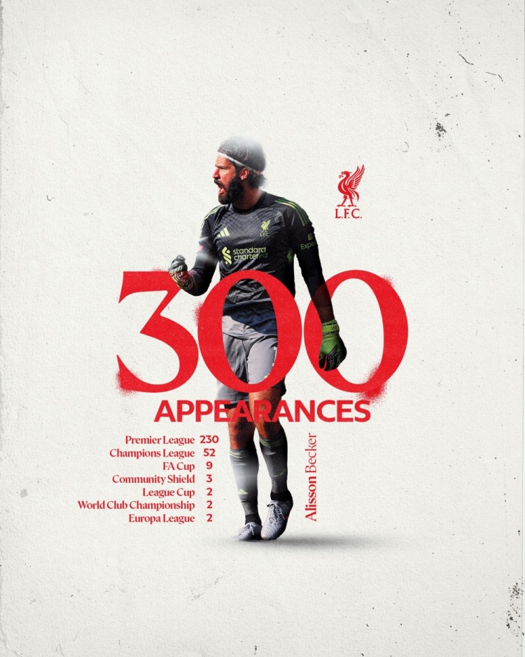 ??安菲爾德守護(hù)神！阿利森迎來(lái)利物浦生涯第300場(chǎng)里程碑