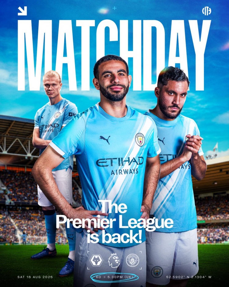 曼城新賽季英超首戰(zhàn)海報：哈蘭德、艾特-努里、謝爾基出鏡