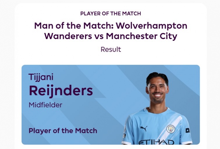 傳射建功，官方：賴因德斯當(dāng)選曼城vs狼隊(duì)全場最佳球員