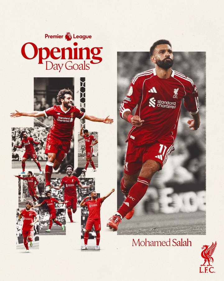 薩拉赫英超揭幕戰(zhàn)已進10球，利物浦曬海報：歷史首人！