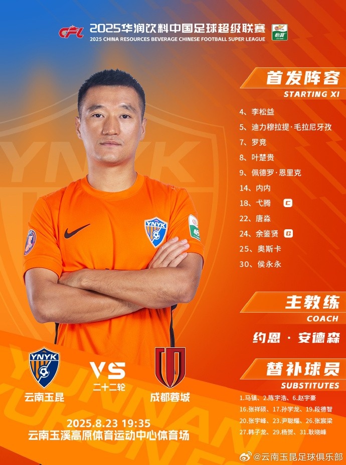 中超第22輪對陣成都蓉城，云南玉昆首發(fā)出爐！