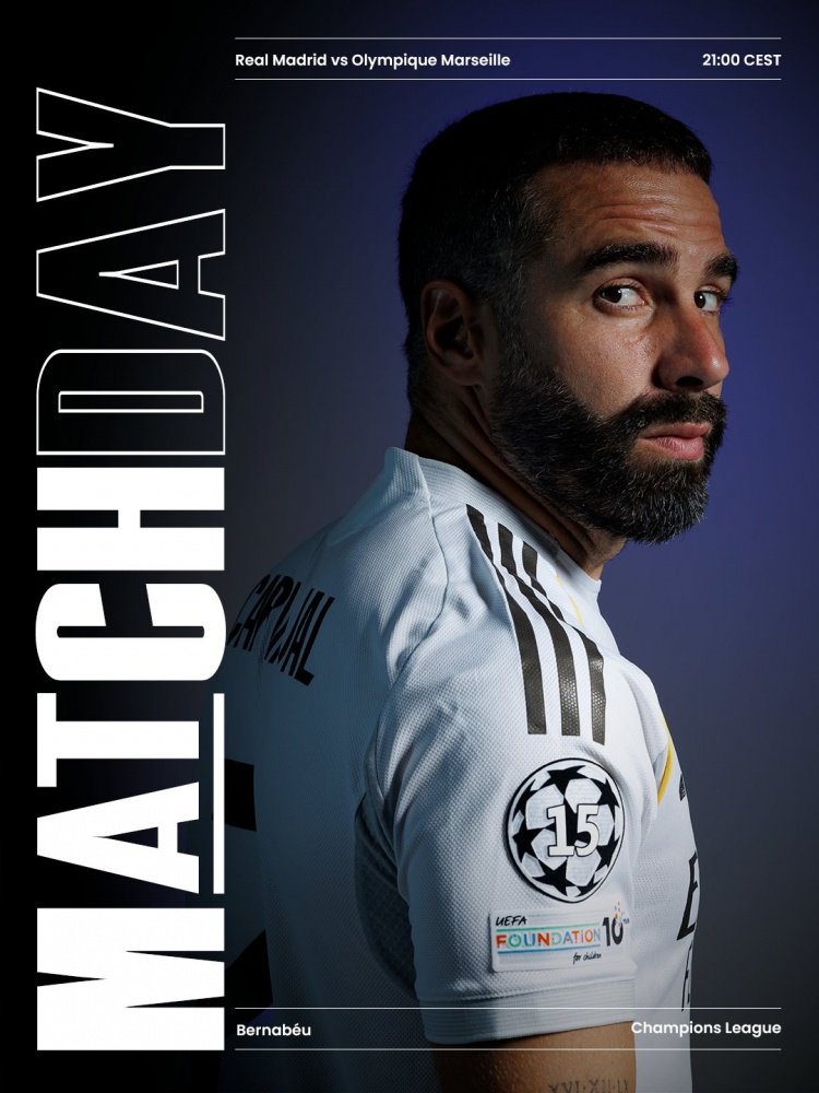 皇馬官方曬歐冠戰(zhàn)馬賽海報(bào)，卡瓦哈爾單人出鏡