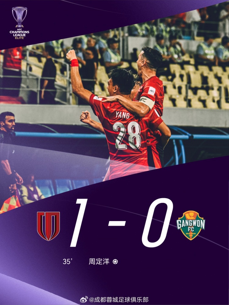 取得亞冠正賽首勝！成都蓉城1-0戰(zhàn)勝江原FC，周定洋獲得本場(chǎng)最佳